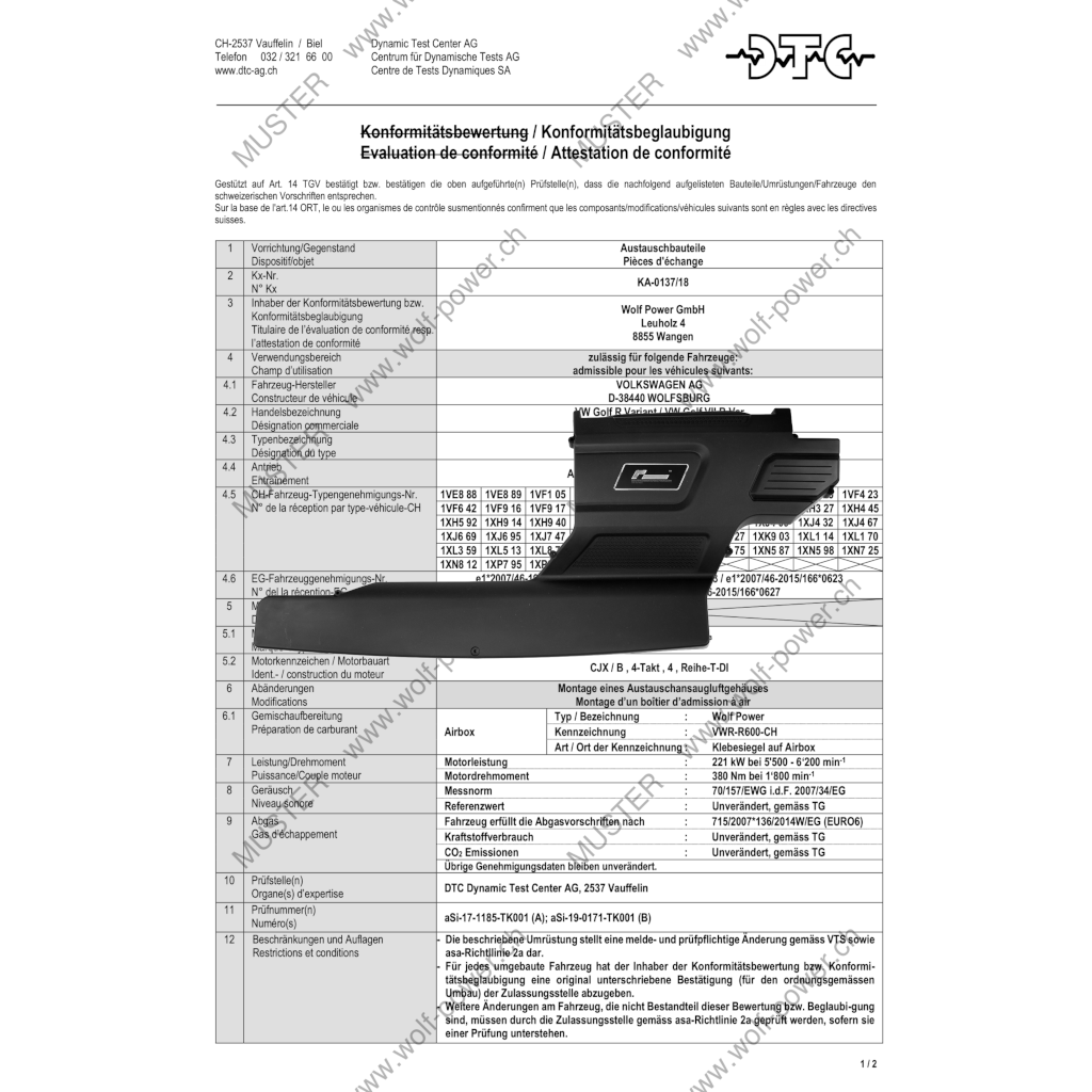 DTC-Gutachten zu Ansaugsystem R600 für Seat Leon Cupra (5F)