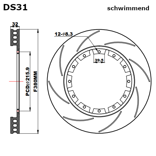 D2 Ersatzbremsscheibe 380mm geschlitzt schwimmend